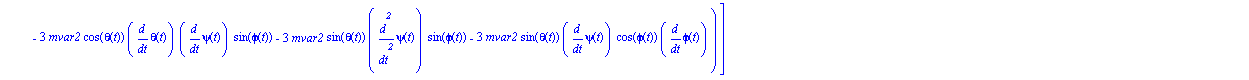ecua := [-1/6*a*(2*diff(psi(t), t)^2*mvar1*a*cos(theta(t))*sin(theta(t))*(-a^2*(-1+cos(theta(t))^2))^(1/2)+6*masa2*a*diff(psi(t), t)^2*cos(theta(t))*sin(theta(t))*(-a^2*(-1+cos(theta(t))^2))^(1/2)+6*m...