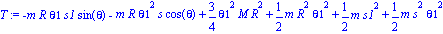 T := -m*R*theta1*s1*sin(theta)-m*R*theta1^2*s*cos(theta)+3/4*theta1^2*M*R^2+1/2*m*R^2*theta1^2+1/2*m*s1^2+1/2*m*s^2*theta1^2