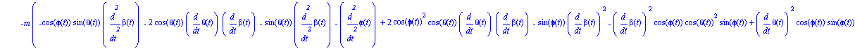 ecua := [1/2*(-2*m*Pi*diff(beta(t), `$`(t, 2))*cos(theta(t))^2+4*m*Pi*cos(phi(t))*diff(beta(t), `$`(t, 2))+2*m*Pi*sin(theta(t))*diff(phi(t), `$`(t, 2))-4*m*Pi*sin(phi(t))*diff(phi(t), t)*diff(beta(t),...