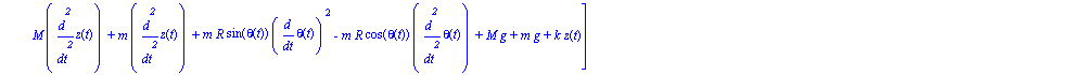 ecua := [1/2*diff(phi(t), `$`(t, 2))*M*R^2-2*m*R^2*cos(theta(t))*diff(phi(t), t)*sin(theta(t))*diff(theta(t), t)+m*R^2*cos(theta(t))^2*diff(phi(t), `$`(t, 2)), m*R^2*diff(theta(t), `$`(t, 2))-m*diff(z...