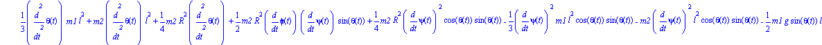 ecua := [1/2*m2*R^2*diff(phi(t), `$`(t, 2))*cos(theta(t))-1/2*m2*R^2*diff(phi(t), t)*sin(theta(t))*diff(theta(t), t)+1/4*m2*R^2*diff(psi(t), `$`(t, 2))*cos(theta(t))^2-1/2*m2*R^2*diff(psi(t), t)*cos(t...