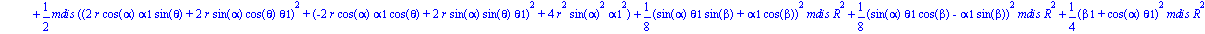 T := 1/2*mvar*((r*cos(alpha)*alpha1*sin(theta)+r*sin(alpha)*cos(theta)*theta1)^2+(-r*cos(alpha)*alpha1*cos(theta)+r*sin(alpha)*sin(theta)*theta1)^2+r^2*sin(alpha)^2*alpha1^2)+1/6*alpha1^2*mvar*r^2+1/6...