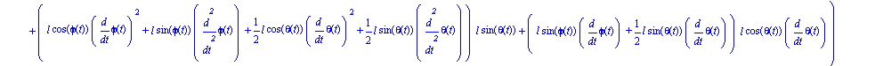 ecua := [1/2*M*(1/2*l^2*cos(phi(t))^2*diff(phi(t), `$`(t, 2))+1/2*l^2*sin(phi(t))^2*diff(phi(t), `$`(t, 2)))+1/12*diff(phi(t), `$`(t, 2))*M*l^2+1/2*m*(2*l^2*cos(phi(t))^2*diff(phi(t), `$`(t, 2))+2*l^2...