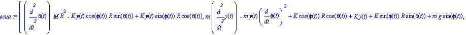 ecua := [diff(theta(t), `$`(t, 2))*M*R^2-K*y(t)*cos(phi(t))*R*sin(theta(t))+K*y(t)*sin(phi(t))*R*cos(theta(t)), m*diff(y(t), `$`(t, 2))-m*y(t)*diff(phi(t), t)^2+K*cos(phi(t))*R*cos(theta(t))+K*y(t)+K*...