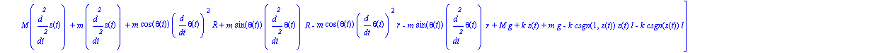ecua := [1/2*m*(3*R^2*diff(theta(t), `$`(t, 2))+2*diff(z(t), `$`(t, 2))*sin(theta(t))*R-2*diff(z(t), `$`(t, 2))*sin(theta(t))*r+2*diff(theta(t), `$`(t, 2))*r^2-4*diff(theta(t), `$`(t, 2))*R*r-2*diff(p...