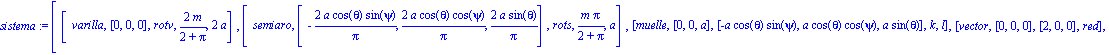 sistema := [[varilla, [0, 0, 0], rotv, 2*m/(2+Pi), 2*a], [semiaro, [-2*a*cos(theta)*sin(psi)/Pi, 2*a*cos(theta)*cos(psi)/Pi, 2*a*sin(theta)/Pi], rots, m*Pi/(2+Pi), a], [muelle, [0, 0, a], [-a*cos(thet...