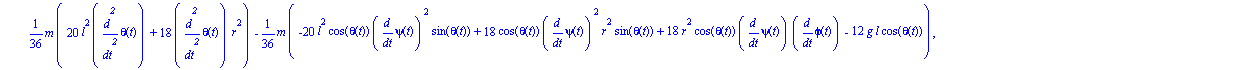 ecua := [1/36*m*(-40*l^2*cos(theta(t))*diff(psi(t), t)*sin(theta(t))*diff(theta(t), t)+20*l^2*cos(theta(t))^2*diff(psi(t), `$`(t, 2))+36*cos(theta(t))*diff(psi(t), t)*r^2*sin(theta(t))*diff(theta(t), ...