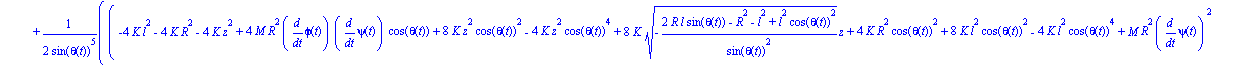 ecua2 := 1/8*(10*M*R^2*diff(theta(t), `$`(t, 2))+4*M*R^2*diff(theta(t), `$`(t, 2))*cos(theta(t))^2-8*M*R^2*diff(theta(t), t)^2*cos(theta(t))*sin(theta(t))-6*M*R^2*diff(theta(t), `$`(t, 2))*cos(theta(t...