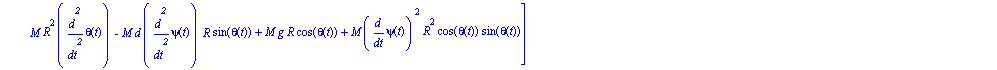 ecua := [1/4*diff(psi(t), `$`(t, 2))*m*R^2+m*d^2*diff(psi(t), `$`(t, 2))-M*d*R*cos(theta(t))*diff(theta(t), t)^2-M*d*R*sin(theta(t))*diff(theta(t), `$`(t, 2))+M*diff(psi(t), `$`(t, 2))*R^2*cos(theta(t...