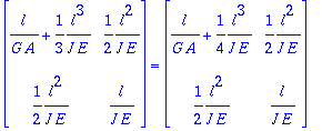 matrix([[l/(G*A)+1/3*l^3/(J*E), 1/2*l^2/(J*E)], [1/...
